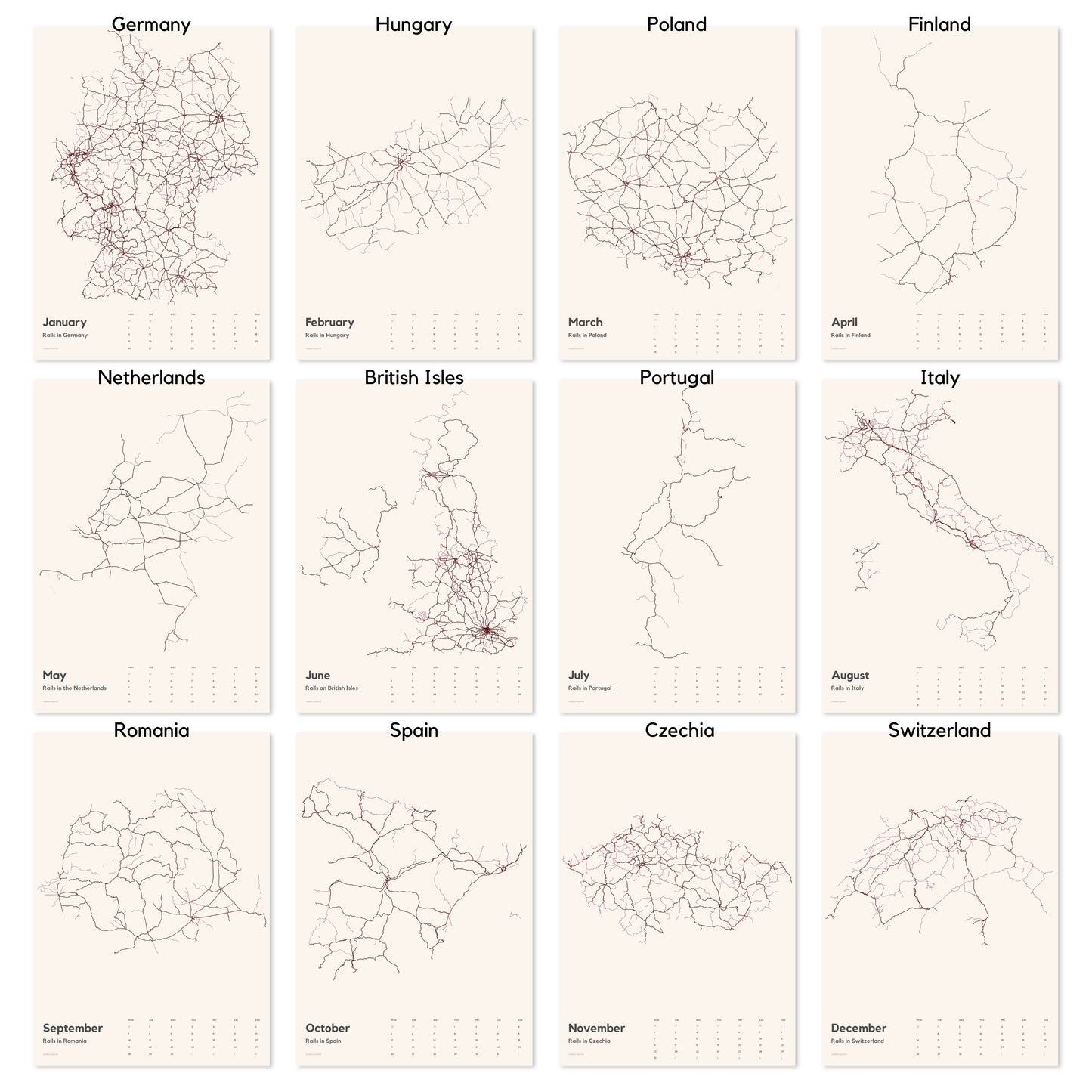 Wandkalender 2026 | Rails in European Countries (Schienennetze)