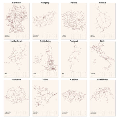 Wandkalender 2026 | Rails in European Countries (Schienennetze)